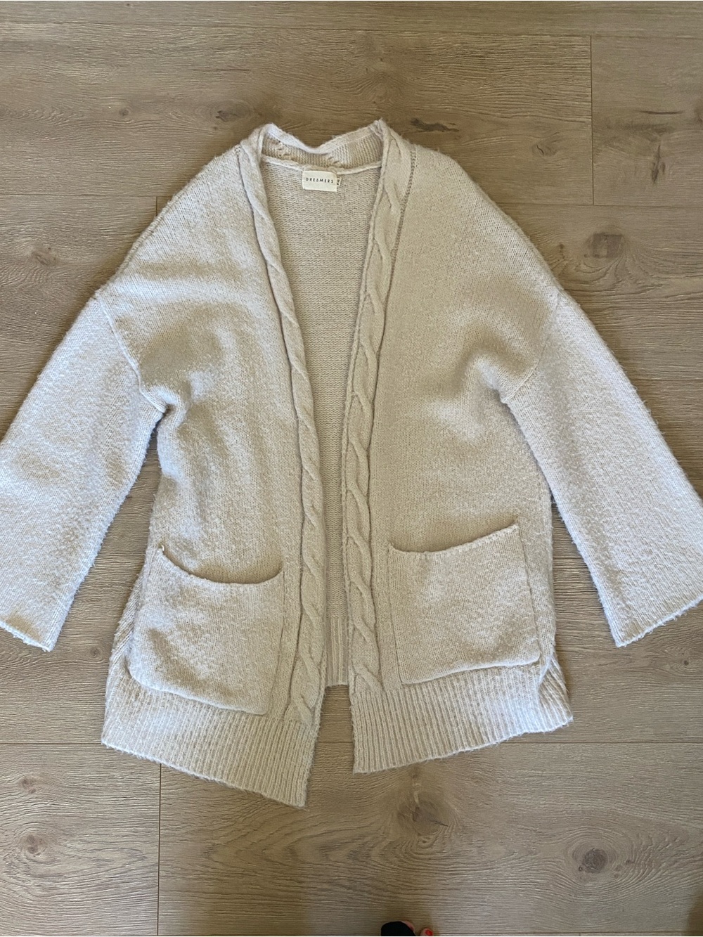 Dreamers Cream Open-Front Cable-Trim Cardigan